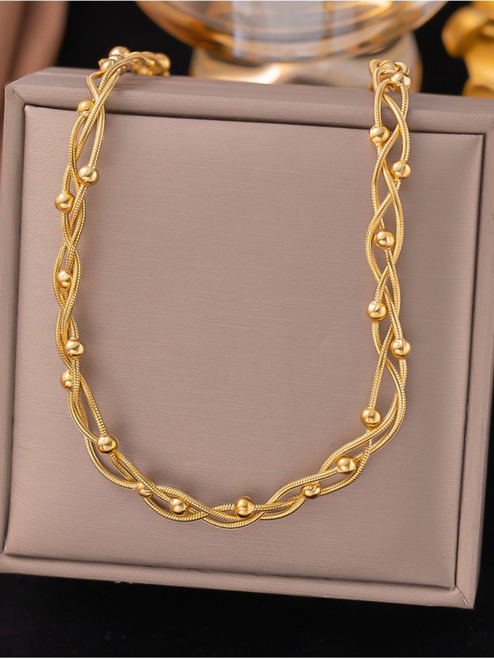 Elegant Gold-Tone Braided Bead pendant Necklace for Women stainless steel